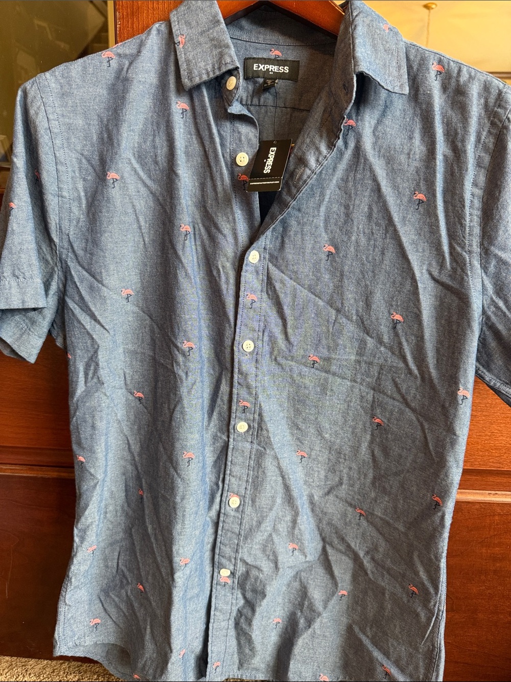 Express Blue Chambray Short Sleeve Button-Up Shirt with Pink Flamingo Motif